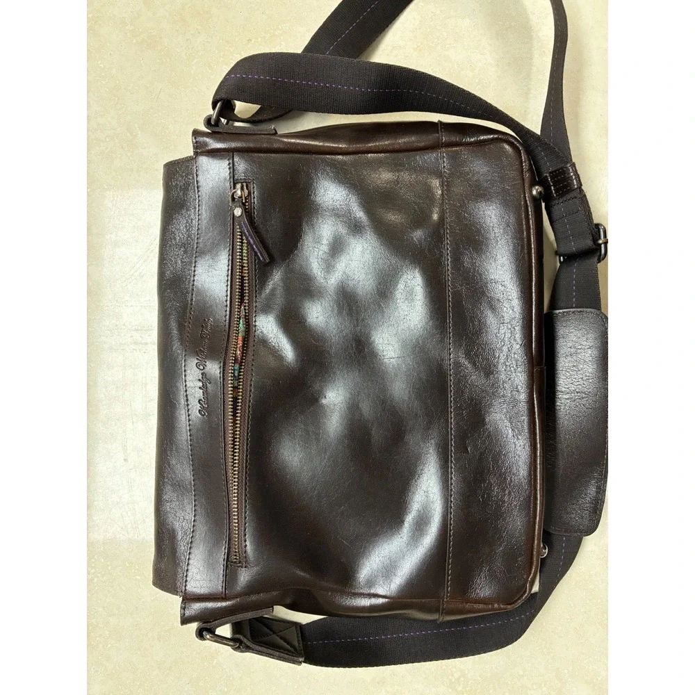 Robert Graham Brown Leather Messenger Bag Crossbody Mosaic Lining Mens LaptopBag